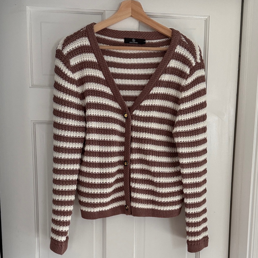 Striped V-Neck Button Cardigan in Cream and Brown